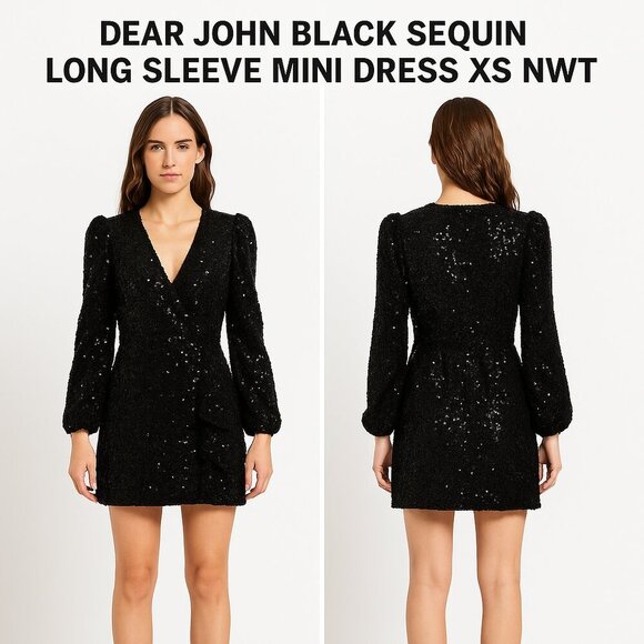 DEAR JOHN BLACK SEQUIN LONG SLEEVE MINI DRESS XS NWT - Picture 1 of 11